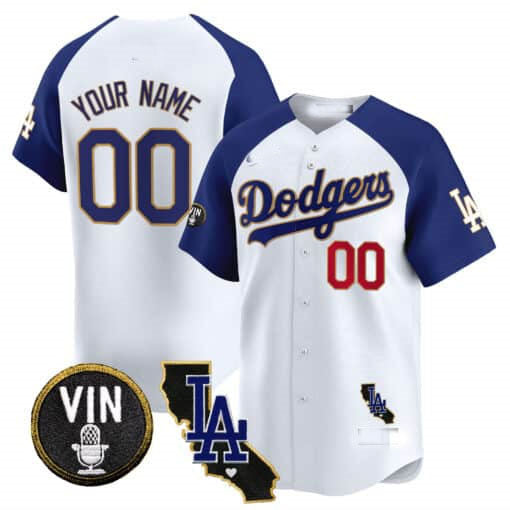 Custom LA.Dodgers Vin & California Patch Gold Trim Vapor Premier Limited Stitched Baseball Jerseys