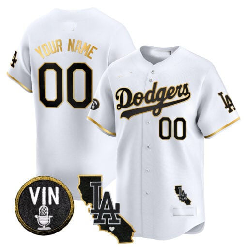 Custom LA.Dodgers Vin & California Patch Gold Trim Vapor Premier Limited Stitched Baseball Jerseys