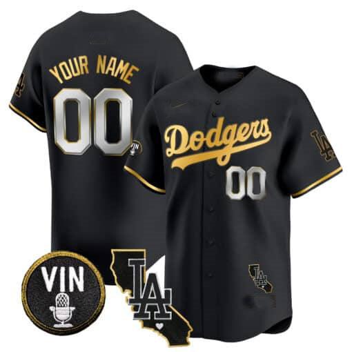 Custom LA.Dodgers Vin & California Patch Gold Trim Vapor Premier Limited Stitched Baseball Jerseys
