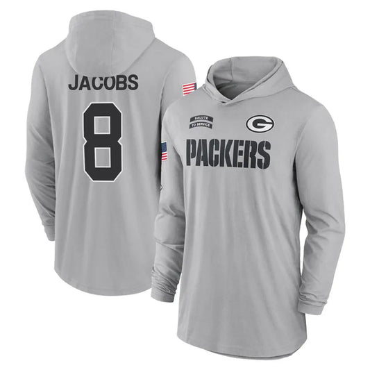 GB.Packers #8 Josh Jacobs Player Gray Salute to Service Hoodies Game Football Jerseys