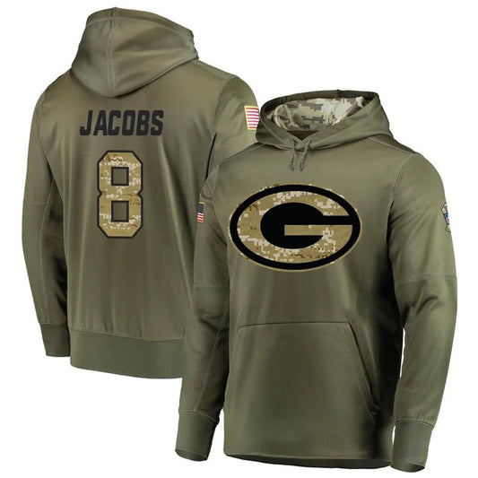 GB.Packers #8 Josh Jacobs Player Olive Salute to Service Pullover Hoodie Game Football Jerseys