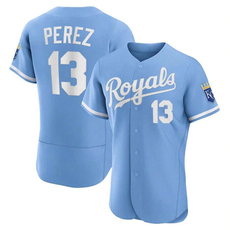 KC.Royals #13 Salvador P��|rez Player Light Blue Authentic Elite Baseball Jerseys