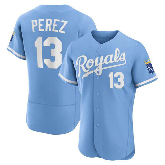 KC.Royals #13 Salvador P��|rez Player Light Blue Authentic Elite Baseball Jerseys