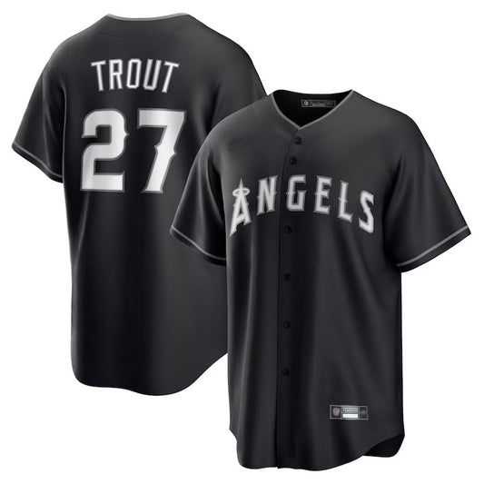 LA.Angels #27 Mike Trout Player Black Lights Out Replica Baseball Jerseys