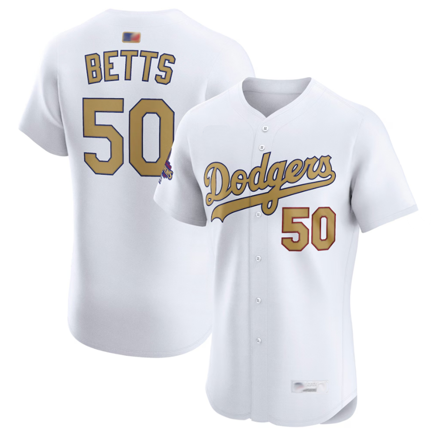 LA.Dodgers #50 Mookie Betts Player White Gold Collection Elite Baseball Jerseys
