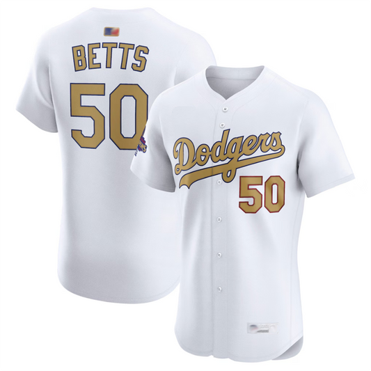 LA.Dodgers #50 Mookie Betts Player White Gold Collection Elite Baseball Jerseys