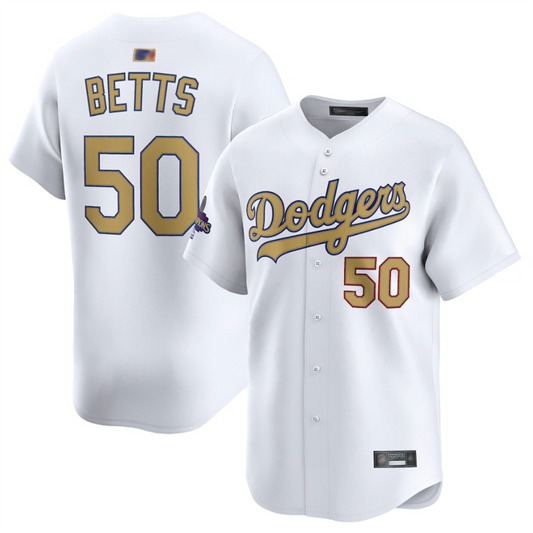 LA.Dodgers #50 Mookie Betts Player White Gold Collection Limited Baseball Jerseys