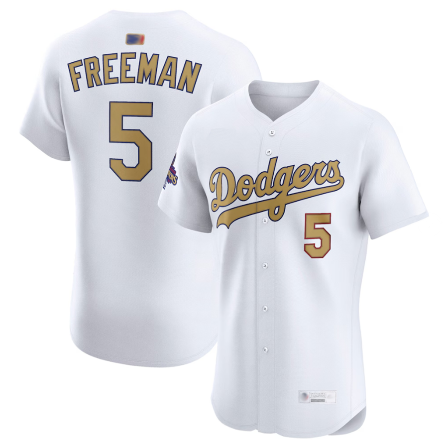 LA.Dodgers #5 Freddie Freeman Player White Gold Collection Elite Baseball Jerseys