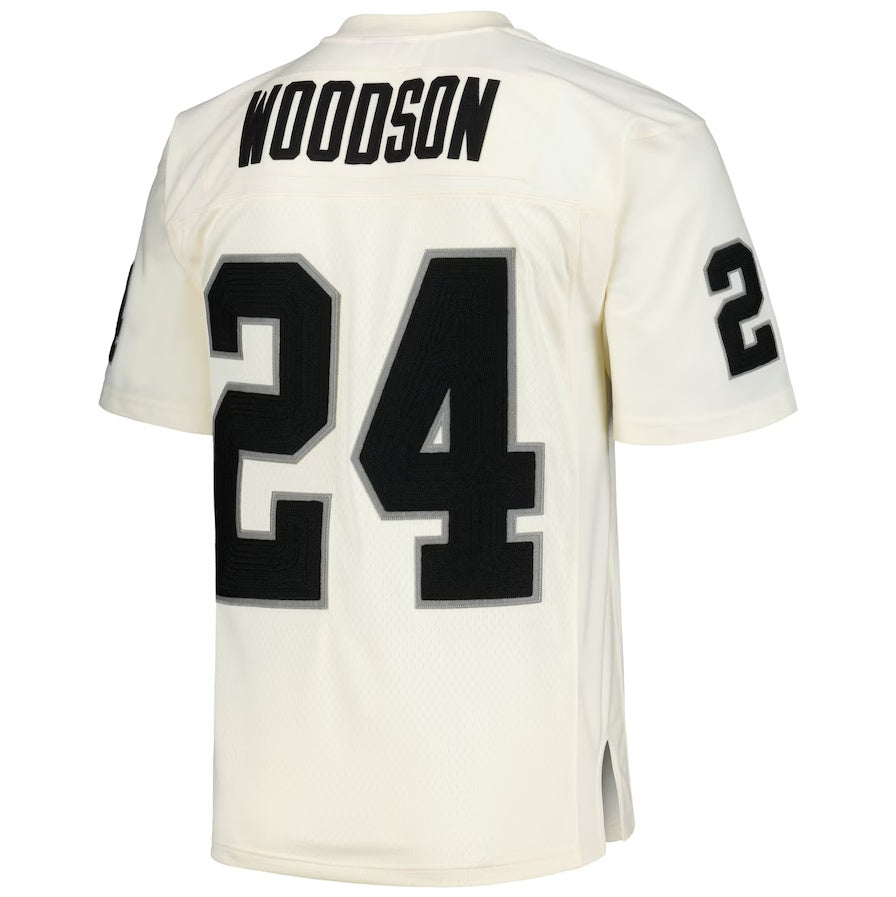 LV. Raiders #24 Charles Woodson Mitchell & Ness Chainstitch Legacy Player Jersey - Cream Stitched American Football Jerseys