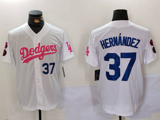 LA.Dodgers #37 Teoscar Hern����ndez White Pink Stitched Baseball Jerseys Player Game Jersey