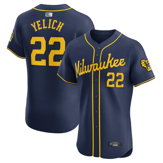M.Brewers #22 Christian Yelich Player Navy Home Elite Baseball Jerseys