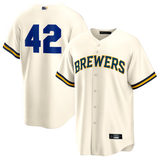M.Brewers #42 Player Cream Home Replica Baseball Jerseys