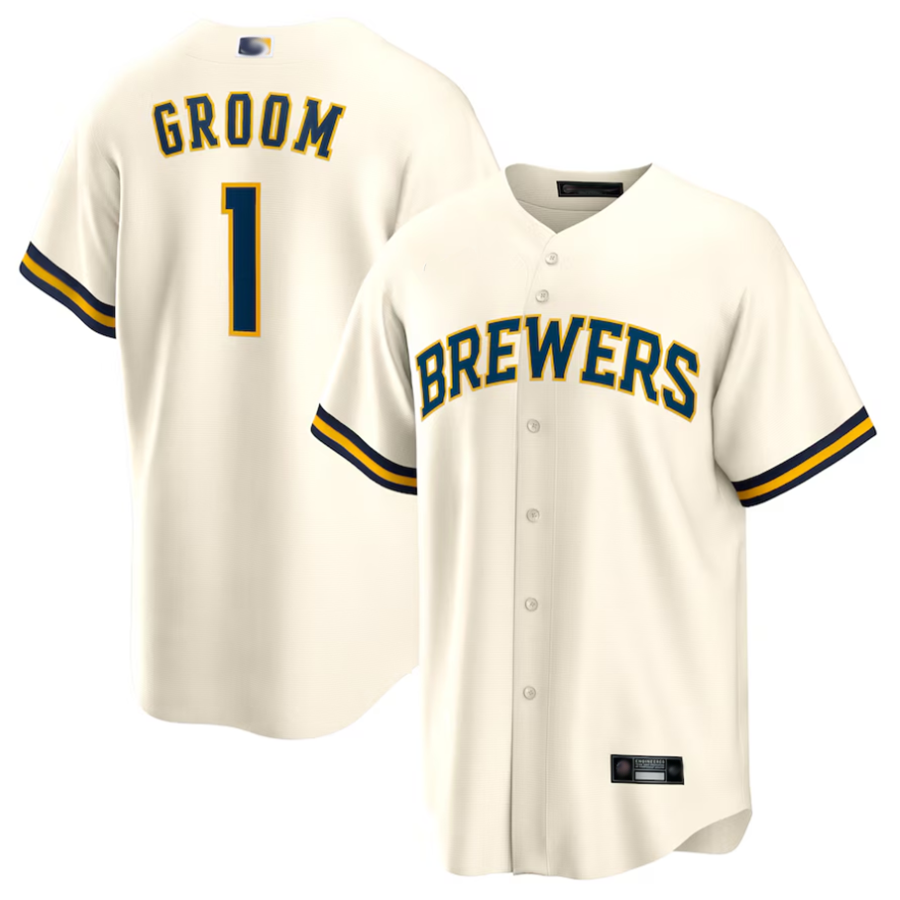 M.Brewers White #1 Groom Player Home Replica Baseball Jerseys
