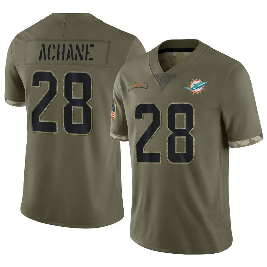 M.Dolphins #28 De?．Von Achane Player Salute To Service Olive Football Jerseys