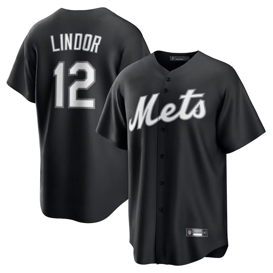 NY.Mets #12 Francisco Lindor Player Black Lights Out Replica Baseball Jerseys