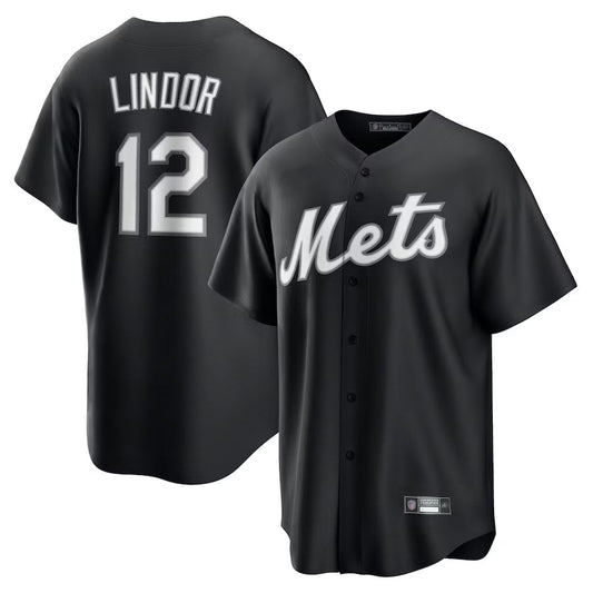 NY.Mets #12 Francisco Lindor Player Black Lights Out Replica Baseball Jerseys