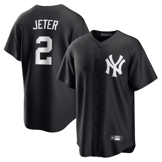 NY.Yankees #2 Derek Jeter Player Black Lights Out Replica Baseball Jerseys
