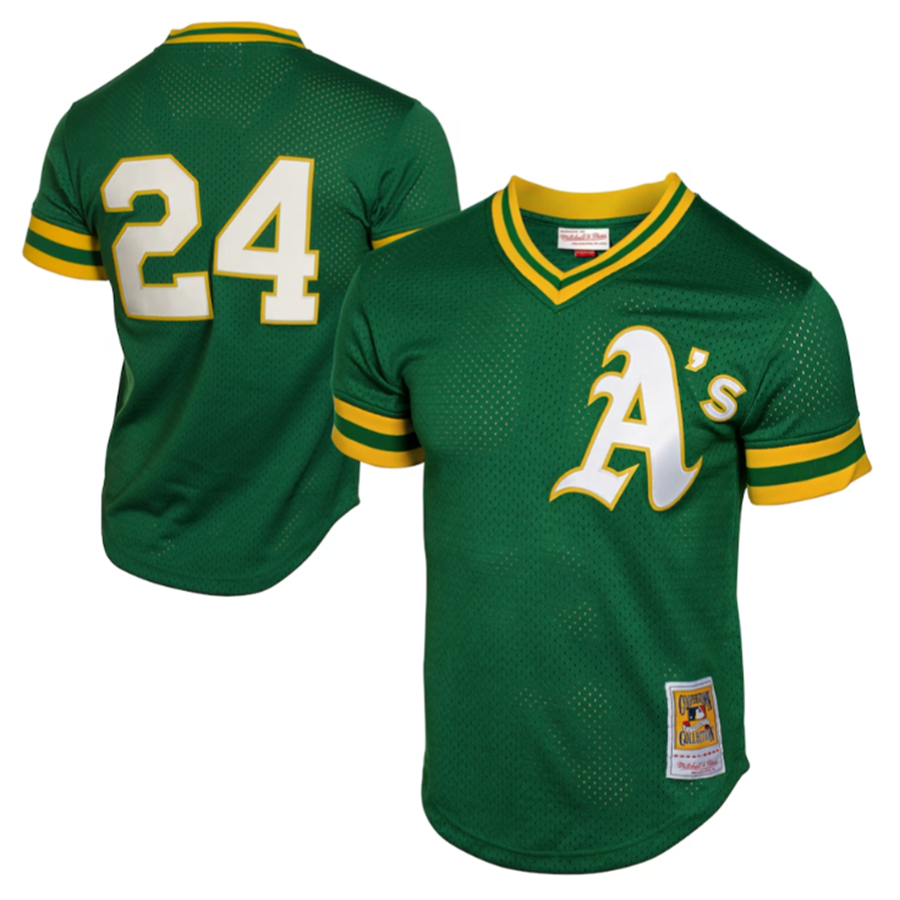 O.Athletics #24 Rickey Henderson Player Green 1991 Cooperstown Mesh Batting Practice Baseball Jerseys