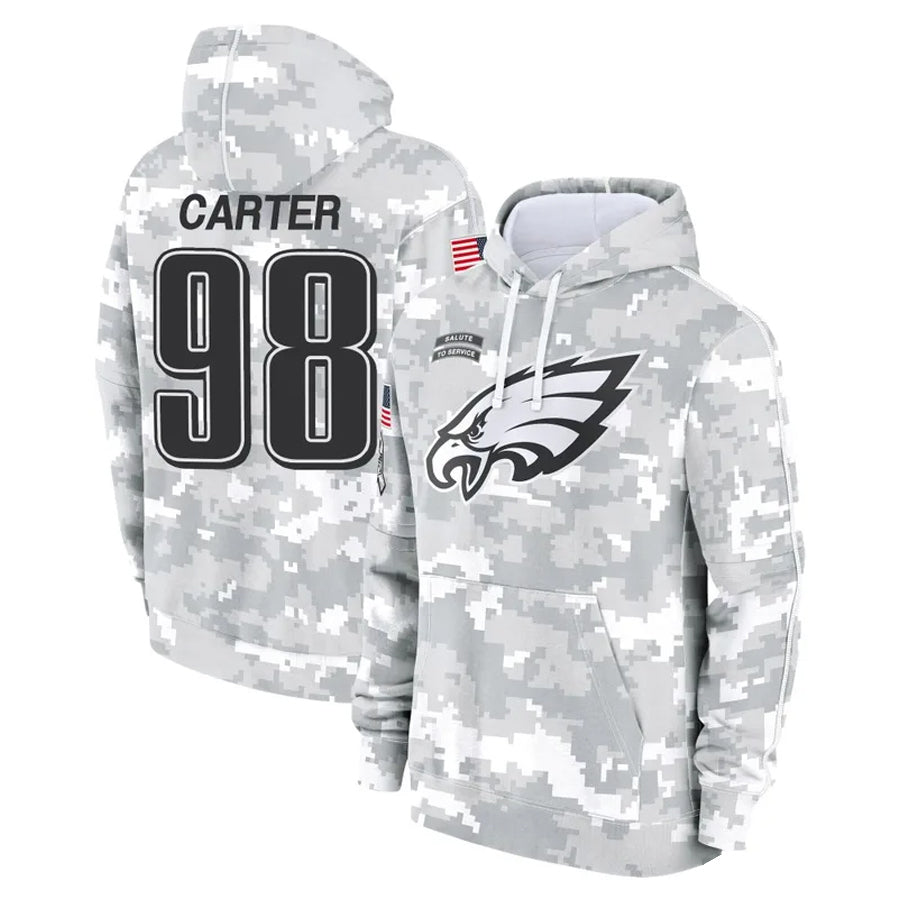 P.Eagles #98 Jalen Carter Player Military Hoodie Arctic Camo Salute To Service Football Jerseys