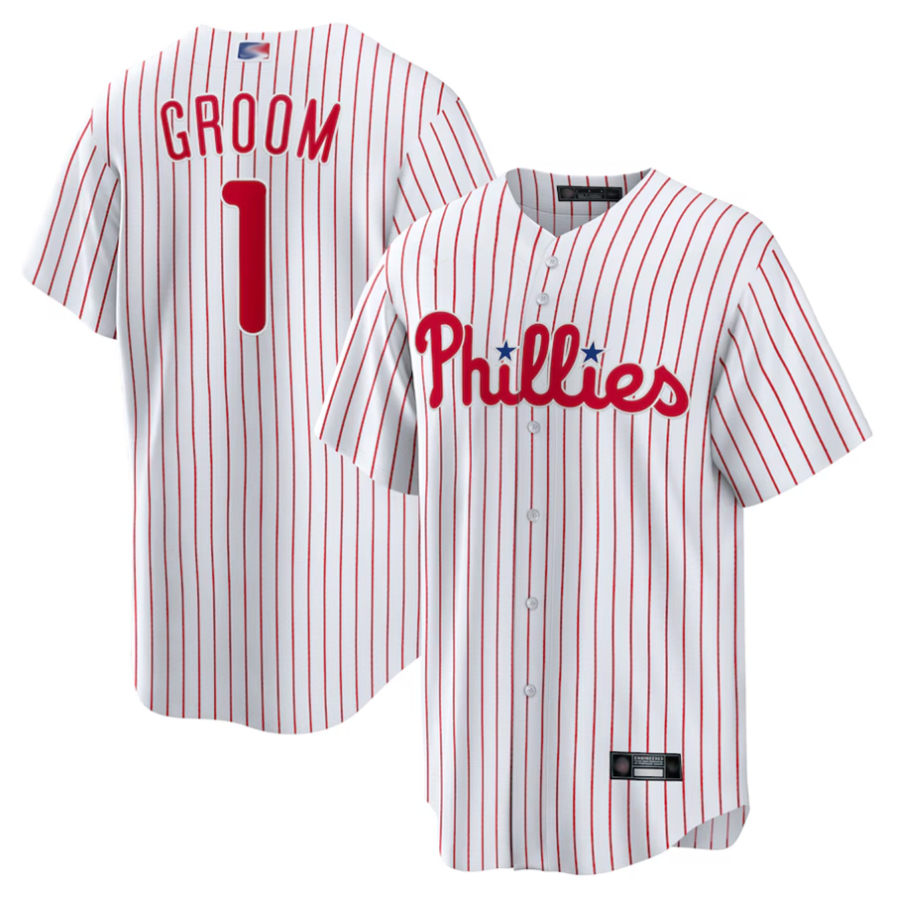 P.Phillies White #1 Groom Player Home Replica Baseball Jerseys