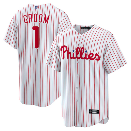 P.Phillies White #1 Groom Player Home Replica Baseball Jerseys