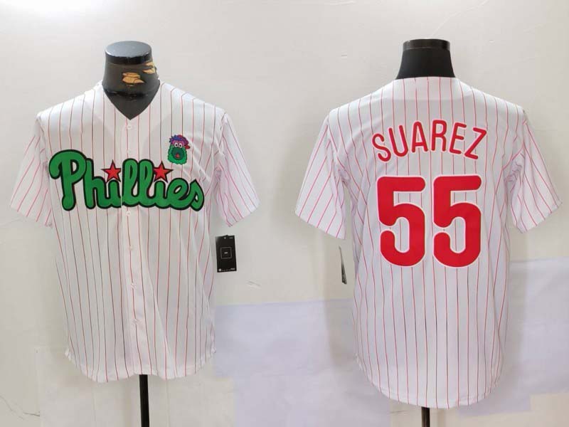 P.Phillies #55 Ranger Su����rez White Green Player Game Jersey Cool Base Stitched Baseball Jerseys