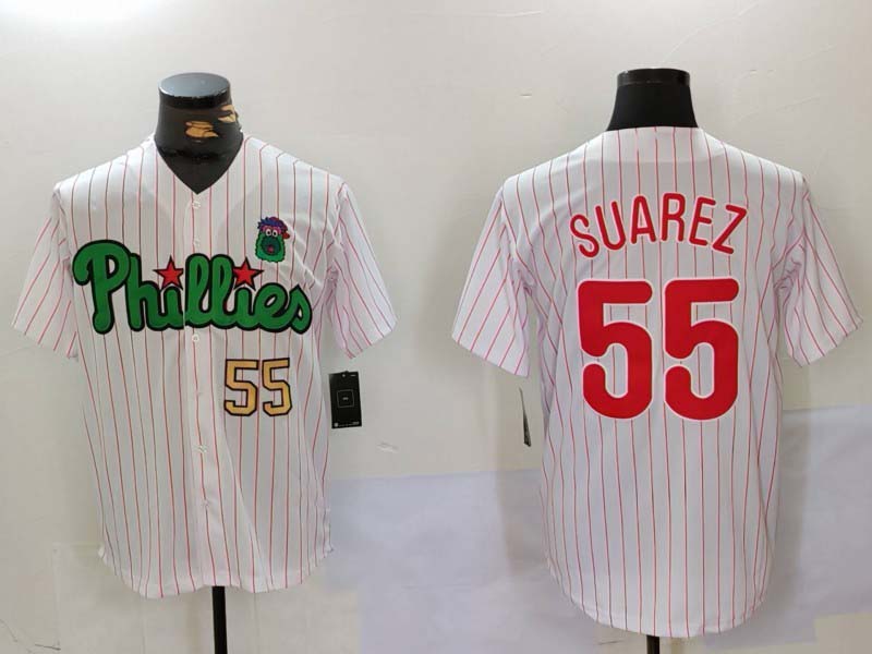 P.Phillies #55 Ranger Su����rez Player White Green Cool Base Stitched Baseball Jerseys