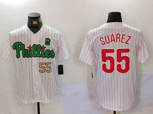 P.Phillies #55 Ranger Su����rez Player White Green Cool Base Stitched Baseball Jerseys
