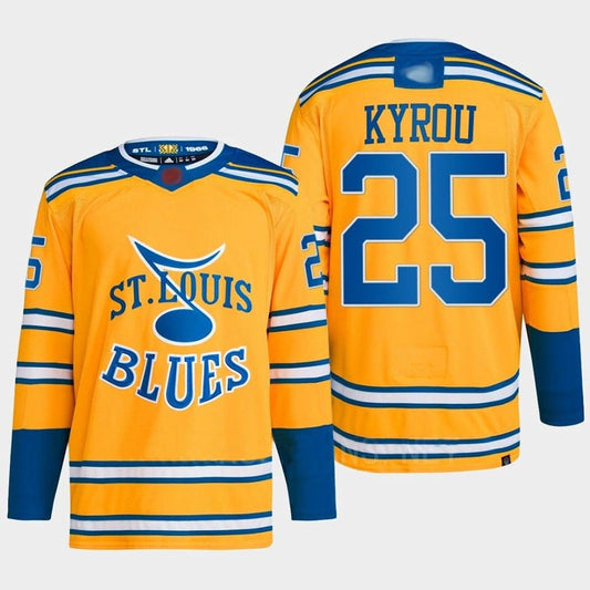 St. L.Blues #25 Jordan Kyrou Player Yellow Reverse Retro Home Hockey Jerseys