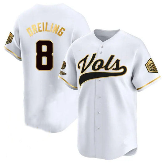 T.Volunteers #8 Dylan Dreiling Player White Gold Champions Vapor Limited Baseball Stitched American College Jerseys