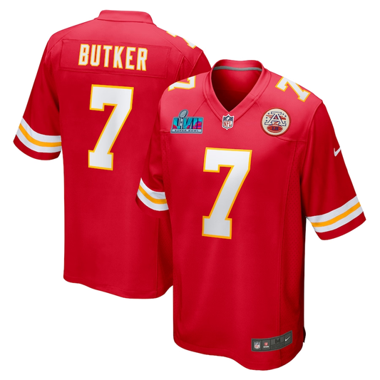Men's Kansas City Chiefs Harrison Butker #7 Red Super Bowl LVII Patch Game jersey