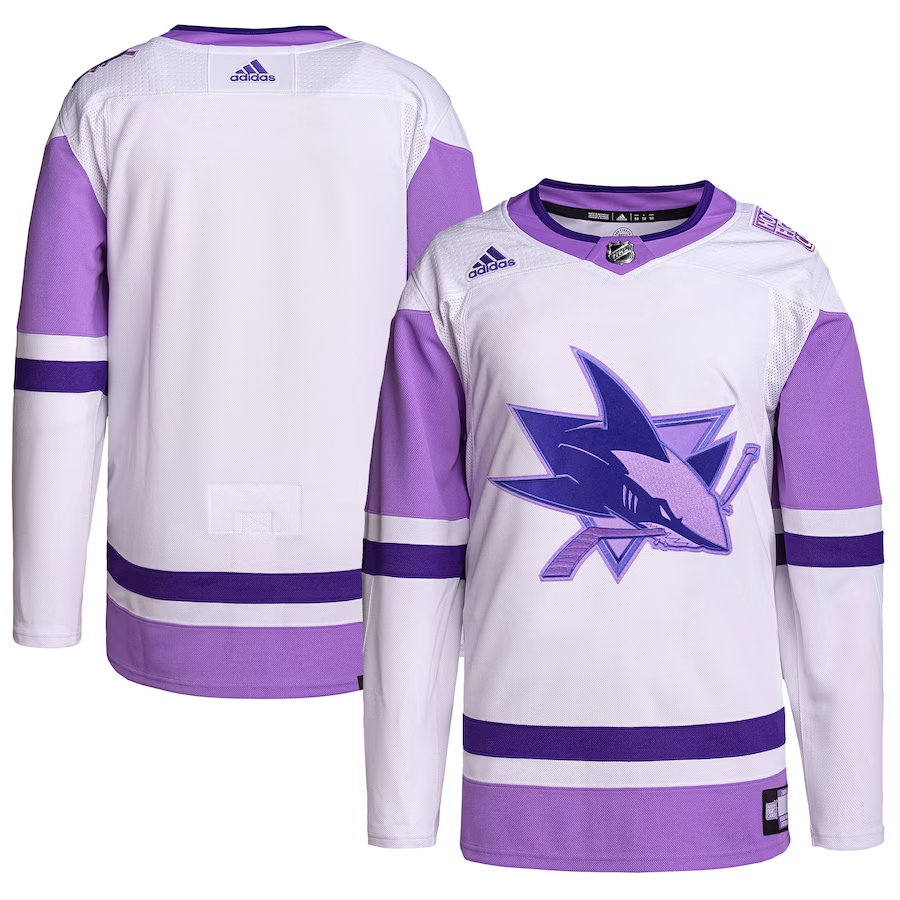 Men's San Jose Sharks White/Purple Hockey Fights Cancer Primegreen Authentic Blank Practice jersey
