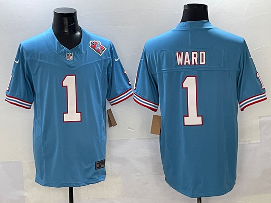 Men's Tennessee Titans Cameron Ward #1 Light Blue 2025 NFL Draft First Round Pick Game Jersey
