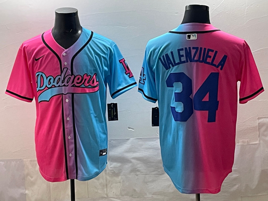 Men's Los Angeles Dodgers Fernando Valenzuela #34 Pink/Blue Player Jersey