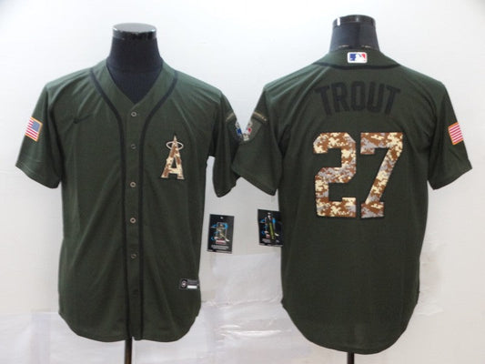 Men's Los Angeles Angels Mike Trout #27 Army Green Replica Player jersey