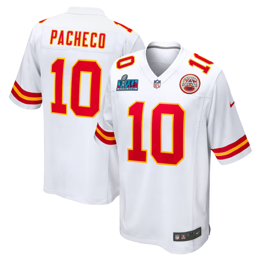 Men's Kansas City Chiefs Isiah Pacheco #10 White Super Bowl LVII Patch Away Game jersey