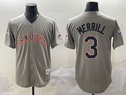 Men's San Diego Padres Jackson Merrill #3 Gray Replica Player Jersey