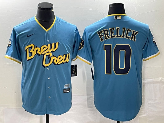 Men's Milwaukee Brewers Sal Frelick #10 Powder Blue 2022 City Connect Replica Player jersey