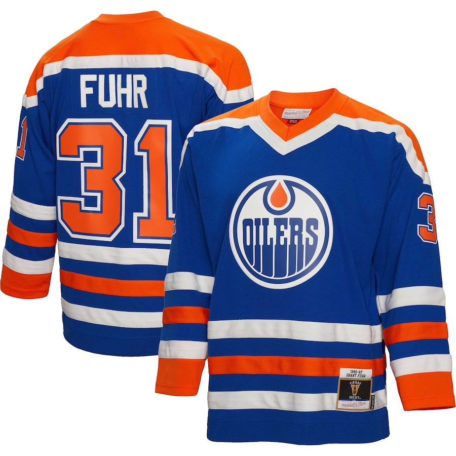 Men's Edmonton Oilers Grant Fuhr Mitchell #31 Ness Royal 1986/87 Blue Line Player jersey