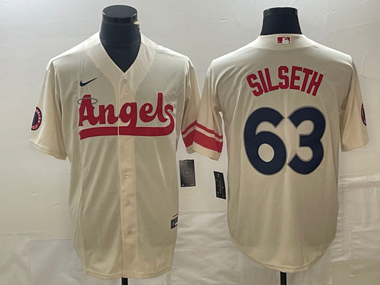 Men's Los Angeles Angels Chase Silseth #63 Cream 2022 City Connect Replica Player jersey