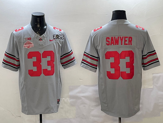 Men's Ohio State Buckeyes Jack Sawyer #33 Gray 2025 CFP Final National Champions Patch F.U.S.E. Jersey