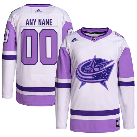 Men's Columbus Blue Jackets White/Purple Hockey Fights Cancer Primegreen Authentic Custom jersey