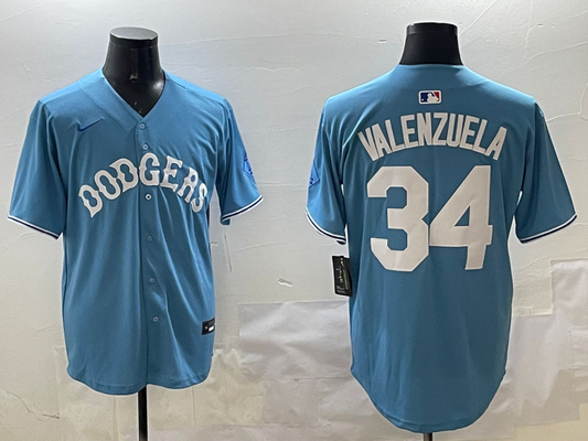 Men's Los Angeles Dodgers Fernando Valenzuela #34 Light Blue Limited Player jersey