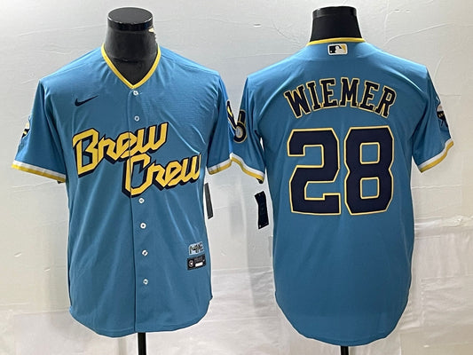 Men's Milwaukee Brewers Joey Wiemer #28 Powder Blue 2022 City Connect Replica Player jersey