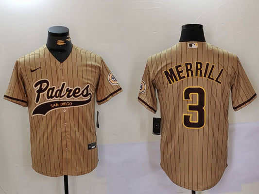 Men's San Diego Padres Jackson Merrill #3 Tan Alternate Replica Player jersey