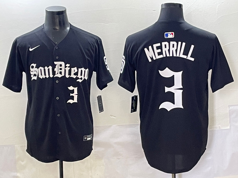 Men's San Diego Padres Jackson Merrill #3 Black Player Game Jersey