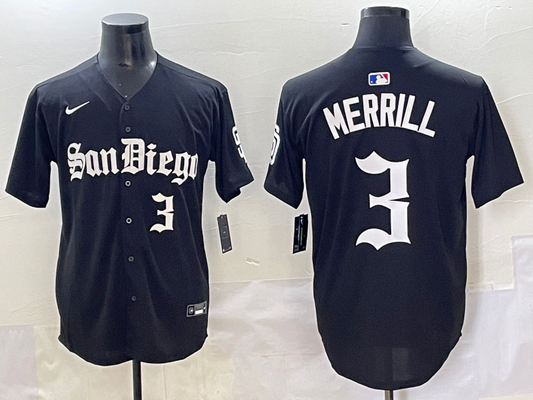Men's San Diego Padres Jackson Merrill #3 Black Player Game Jersey
