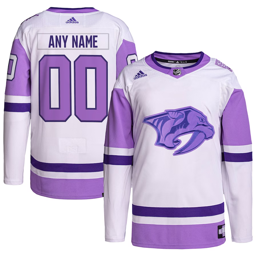 Men's Nashville Predators White/Purple Hockey Fights Cancer Primegreen Authentic Custom jersey