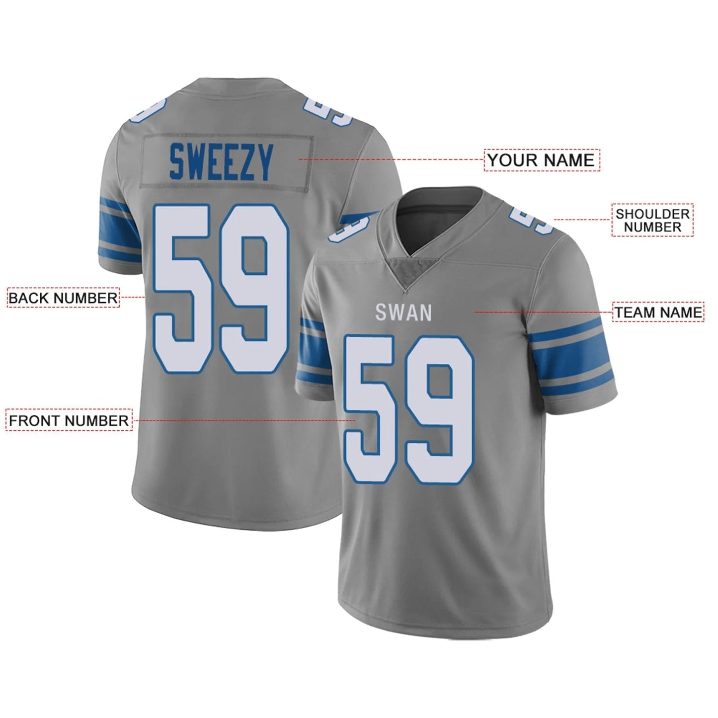 Custom D.Lions Gray Personalized Design Football Jerseys